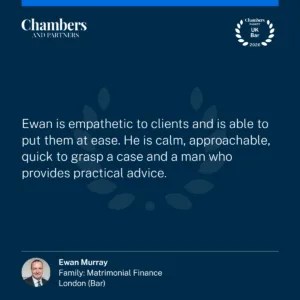 "Ewan is empathetic to clients and is able to put them at ease. He is calm, approachable, quick to grasp a case and a man who provides practical advice."